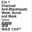 Garnier 3 In 1 Charcoal Anti Black Heads Wash, Scrub & Mask-150ml