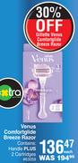 Gillette Venus Comfort Glide Breeze Razor Handle Plus 2 Cartridges-Each