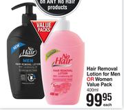 No Hair Hair Removal Lotion For Men Or Women Value Pack-400ml Each