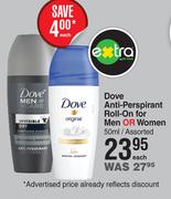 Dove Anti Perspirant Roll On For Men Or Women Assorted-50ml Each