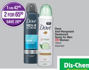 Dove Anti Perspirant Deodorant Spray For Men Or Women Assorted-For 1 x 150ml 