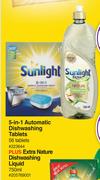 Sunlight 5 In 1 Automatic Dishwashing Tablets (56 Tabs+Extra Natur Dishwashing Liquid 750ml-For Both