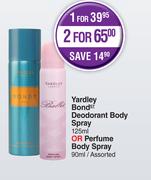 Yardley Bond Deodorant Body Spray 125ml Or Perfume Body Spray 90ml Assorted-For 2
