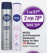 Nivea Anti Perspirant Deodorant Spray For Men Or Women Assorted-For 2 x 200ml