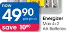 Energizer Max 4+2 AA Batteries-Per Pack