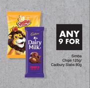 Simba Chips 125g / Cadbury Slabs 80g-For Any 9