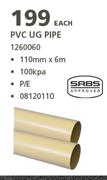 PVC UG Pipe 110mm x 6m-Each