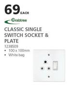 Crabtree Classic Single Switch Socket & Plate-100 x 100mm Each
