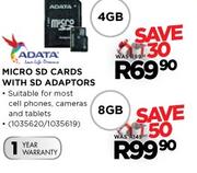 Adata 8GB Micro SD Cards With SD Adaptors -Each