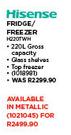 Hisense 168Ltr Silver Fridge/Freezer H220TWH