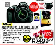 Nikon DSLR D3300 Body + 18-55 DX Lens + 8GB SD Card + Adobe Photoshop Elements-D3300