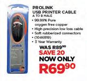 Prolink USB Printer Cable A to B Male