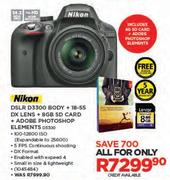 Nikon DSLR D3300 Body + 18-55 DX Lens + 8GB SD Card + Adobe Photoshop Elements D3300