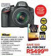 Nikon DSLR D3200 Body + 18-55 DX Lens + 8GB SD Card + Adobe Photoshop Element D3200