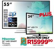 Hisense 55" Ultra HD 3D Smart LED TV-55K680 + 24" LED TV-24K300