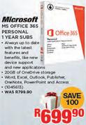 Microsoft MS Office 365 Personal 1 Year Subs