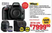Nikon D5200 Body + 18-55 Non VR Lens + S/Bag + 8GB SD + Reader