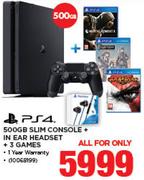 PS4 500GB Slim Console+ In Ear Headset+ 3 Games