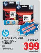 HP Black & Colour Cartridge Bundle 650-Per Bundle