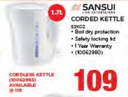 Sansui 1.7Ltr Cordless Kettle 