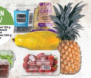 1xBlueberry Punnet 125g, 1xBanana Thriftpack, 1xPineapple, 1xStrawberry Punnet 250g, 1xPaw Paw Combo