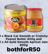 Black Cat Smooth Or Crunchy Peanut Butter 400g & All Gold Smooth Apricot Jam 900g-Both For