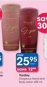  Yardley Gorgeous hand And Body Lotion-400ml Each