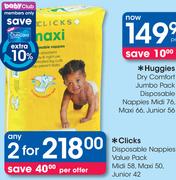 Clicks Disposable Nappies Value Pack Midi 58, Maxi 50, Junior 42-Any 2