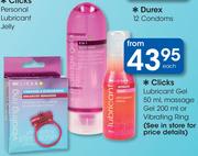 Clicks Lubricant Gel 50ml, Massage Gel 200ml Or Vibrating Ring-Each