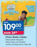 Clicks Made 4 Baby Disposable Nappies Value Pack Dry Protect Junior 42, Maxi 50 Or Midi 58-Per Pack