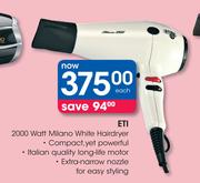 ETI 2000 Watt Milano White Hairdryer