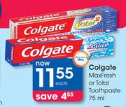 Colgate MaxFresh Or Total Toothpaste-75ml Each