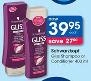 Schwarzkopf Gliss Shampoo Or Conditioner-400ml Each