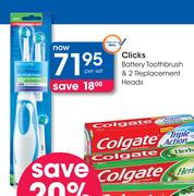 Clicks Battery Toothbrush & 2 Replacement Heads-Per Set