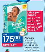 Pampers Active Baby Jumbo Pack Mini 94,Midi 76,Maxi 66,Junior 52 Or Extra Large 44-Per Pack
