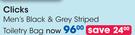Clicks Men's & Grey Striped Toiletry Bag