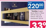 Yardley English Blazer Black Or Blue Gift Set:Eau De Parfum-100ml & Deodorant-125ml 