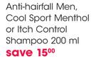 Clear Anti-Hairfall Men, Cool Sport Menthol Or Itch Control Shampoo-200ml