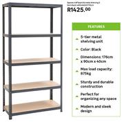 Spaceo MDF Board & Metal Shelving 5 Tiers (Black) W90 x D40 x H176cm