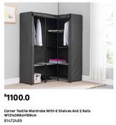 Corner Textile Wardrobe With 6 Shelves & 2 Rails W131 x D88 x H169cm 81472489
