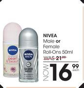 Nivea Male Or Female Roll-Ons-50ml Each
