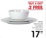 White Stoneware Crockery Bowl, Side Plate Or Dinner Plate-Each