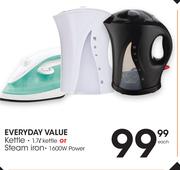 Everyday Value 1.7Ltr Kettle Or Steam Iron 1600W Power-Each
