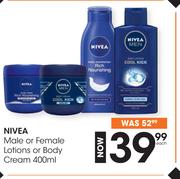 Nivea Male Or Female Lotions Or Body Cream400ml Each