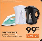 Everyday Value 1.7Ltr Kettle Or Steam Iron 1600W Power-Each