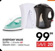 Everyday Value 1.7Ltr Kettle Or 1600W Steam Iron-Each