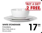 White Stoneware Crockery(Bowl, Side Plates Or Dinner Plate)-Each