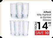 4 Pack Willy, Highball Or Zombie Glasses-Per Pack
