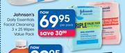 Johnson's Daily Essentials Facial Cleansing 3 x 25 Wipes Value Pack-Per Pack