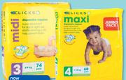 Clicks Disposable Nappies Jumbo Pack Mini 78,Midi 74, Maxi 68 Or Junior 58-Per Pack